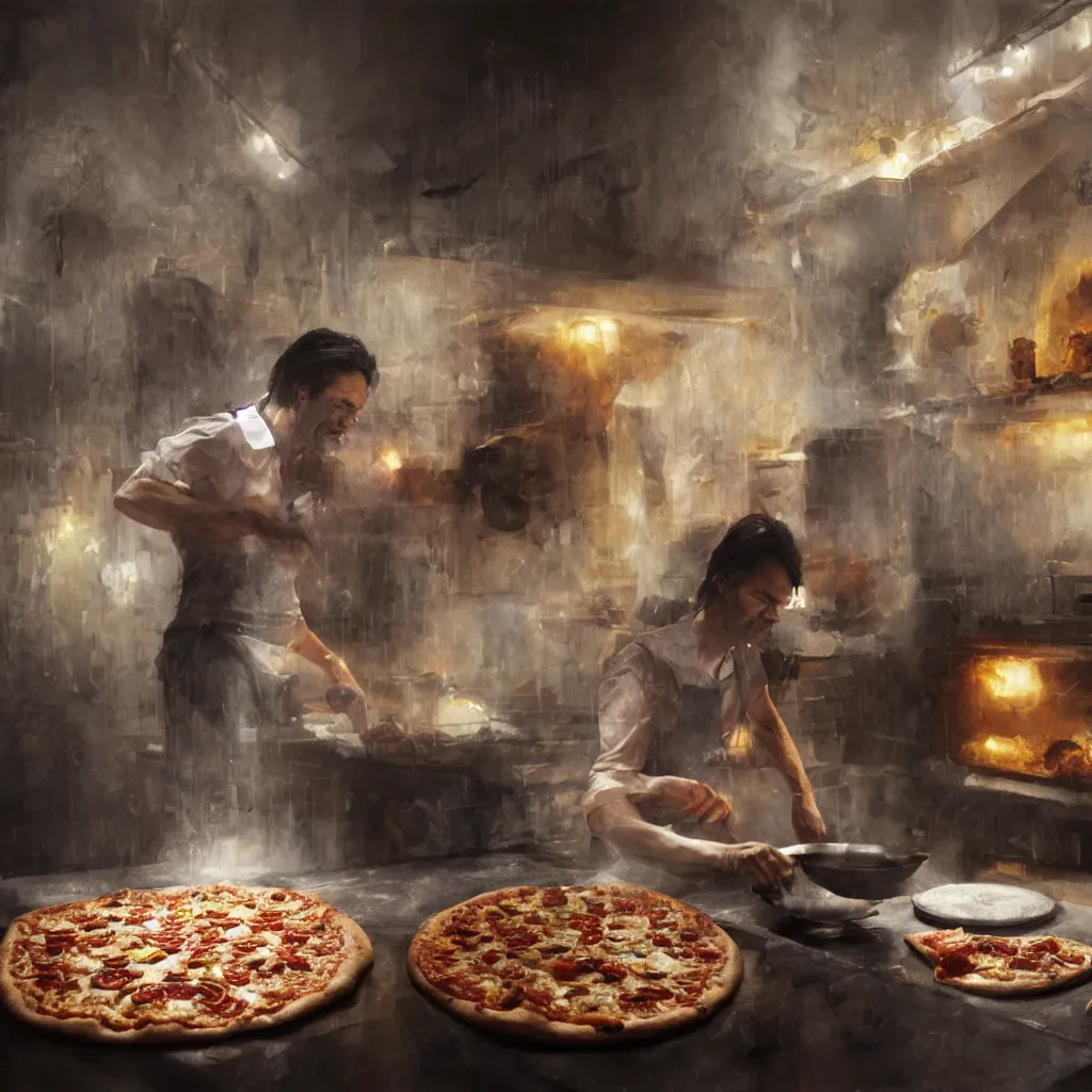 Image similar to nick cave baking pizza, intricate, elegant, volumetric lighting, scenery, digital painting, highly detailed, artstation, sharp focus, illustration, concept art, ruan jia, steve mccurry