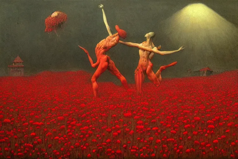 Image similar to only with red, red flowers of different types, a red tiger, a castle in the background, medieval demons dance over the flowers, an ancient path, in the style of beksinski, part by hopper, part by rodcenko, part by hofbauer, intricate composition, red by caravaggio, insanely quality, highly detailed, masterpiece, red light, artstation