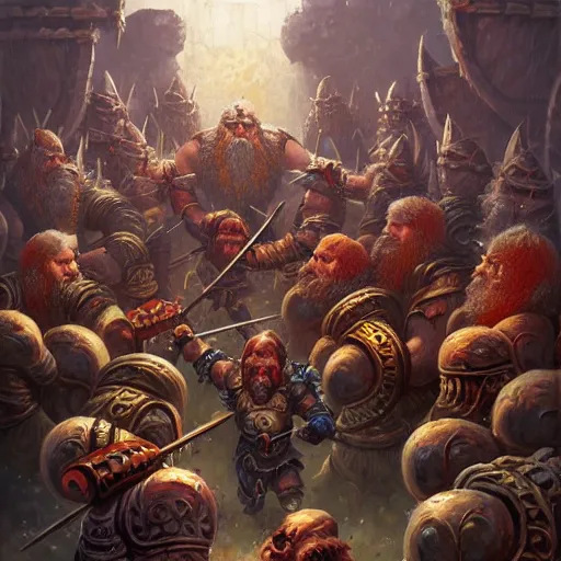 Prompt: painting of a single dwarven berserker facing a crew of crazy goblin warriors in deadly combat on a gladiator pit, sharp focus, high symmetry, award - winning, trending on artstation, masterpiece, highly detailed, intricate. art by terese nielsen