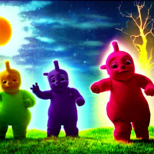 Prompt: the teletubbies performing a sacrifice ritual to their sun god, horror, scary, unsettling, creepy, digital art, high quality, high resolution