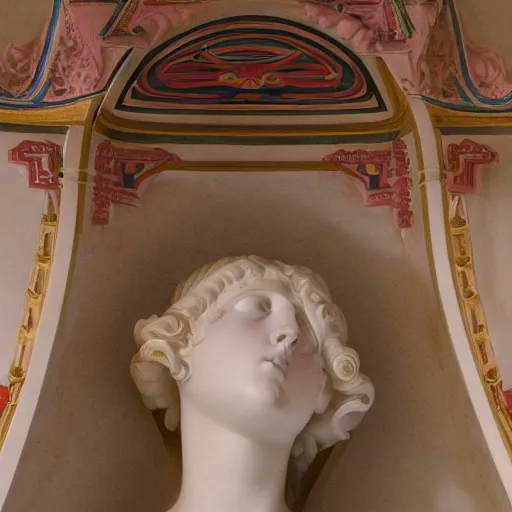 Image similar to close - up of a girl in a temple, film still by wes anderson, depicted by canova, by leon battista alberti, limited color palette, very intricate, art nouveau, highly detailed, lights by hopper, soft pastel colors, minimalist