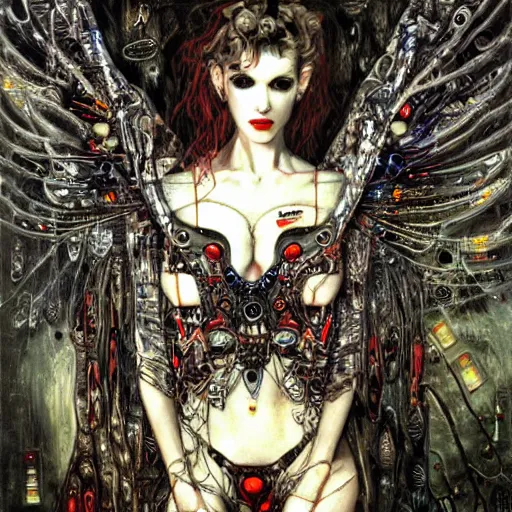 Image similar to winged cybernetic vampire trapped in circuitry, intricate detail, miro, royo, whealan, klimt,