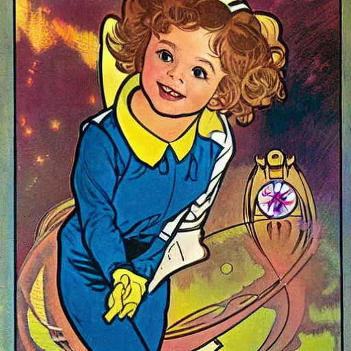 Image similar to a cute little girl with a mischievous face and short brown wavy curly hair. she is dressed as an astronaut. well composed, clean elegant painting, beautiful detailed face. comic book art by steve ditko and jack kirby and ( alphonse mucha )