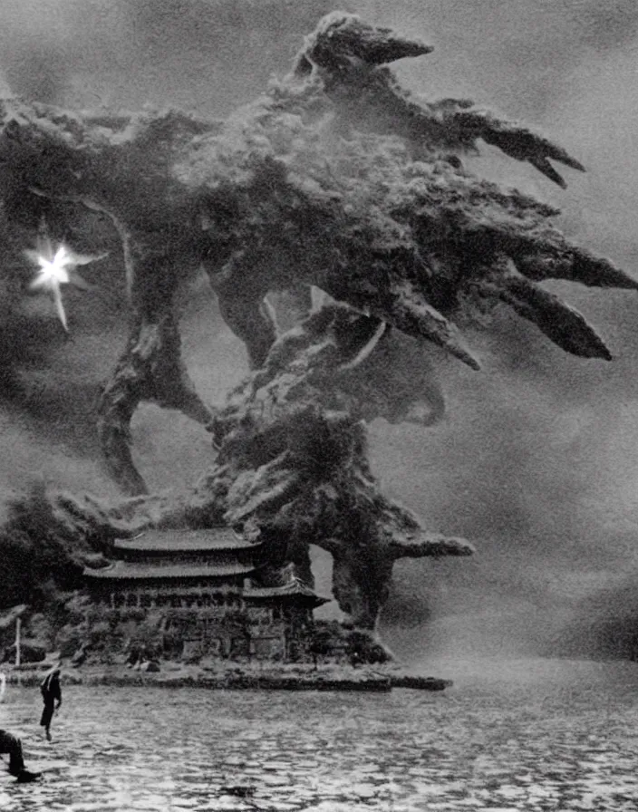 Prompt: a filmstill of a north korean monster movie, kaiju - eiga monster with starfish - arms trampling a traditional korean palace, foggy, film noir, epic battle, etheral, explosions, communist propaganda, communist epic thriller, by kim jong - il and akira kurosawa and tim burton, video compression