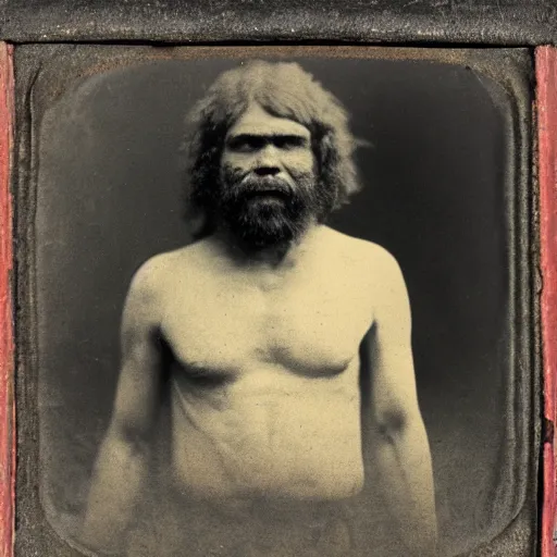 Image similar to Daguerreotype of a caveman at a train station (1867),