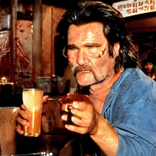 Image similar to deleted scene from Big trouble in little China, Jack Burton drinking beer, Chinatown bar, amazing shot, 1987