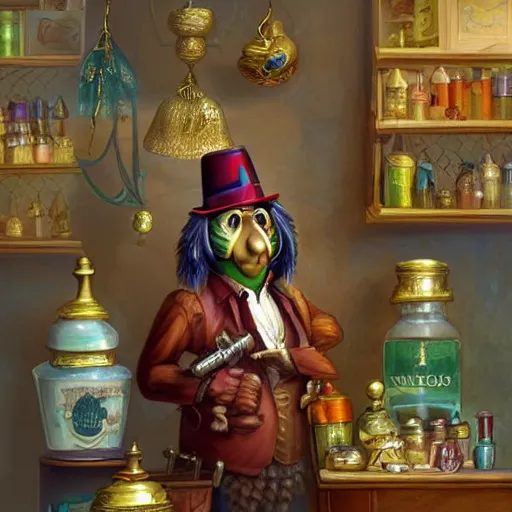 Image similar to Anthropomorphized parrot trader in his shop, selling his wares, portrait, items, weapons, magic potions, carpet, window, fancy hat, sly expression , cunning expression, cute expression, long thick shiny gold beak, presenting wares, holding a gold bag, D&D, fantasy, cinematic lighting, highly detailed, digital painting, artstation, concept art, smooth, sharp focus, illustration, warm light, cozy warm tint, magic the gathering artwork, volumetric lighting, 8k, art by Akihiko Yoshida, Greg Rutkowski