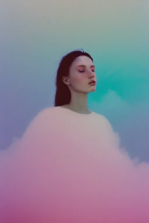 Image similar to high quality pastel coloured film close up wide angle photograph of a model wearing clothing resting on cloud furniture in a icelandic black rock!! environment in a partially haze filled dreamstate world. three point light, rainbow. photographic production. art directed. pastel colours. volumetric clouds. pastel gradient overlay. waves glitch artefacts. extreme facial clarity. 8 k. filmic.