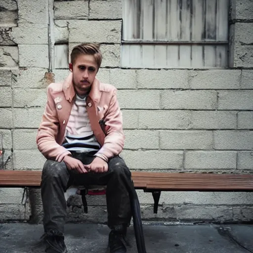 Image similar to photo of teenage ryan gosling sitting on a bench in a alley, wearing jacket, two crutches near bench, fullbody, street of moscow, shallow depth of field, cinematic, 8 0 mm, f 1. 8