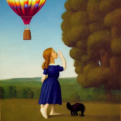Image similar to a girl and her horse enjoy a hot-air balloon show by Raphael, Hopper, and Rene Magritte. detailed, romantic, enchanting, trending on artstation.