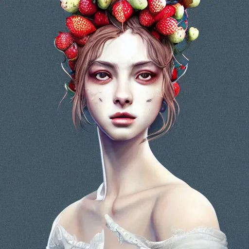 Image similar to the portrait of an absurdly beautiful, graceful, elegant, sophisticated, fashionable young woman made of strawberries and white petals with tears, an ultrafine hyperdetailed illustration by kim jung gi, irakli nadar, intricate linework, bright colors, octopath traveler, final fantasy, unreal engine 5 highly rendered, global illumination, radiant light, detailed and intricate environment