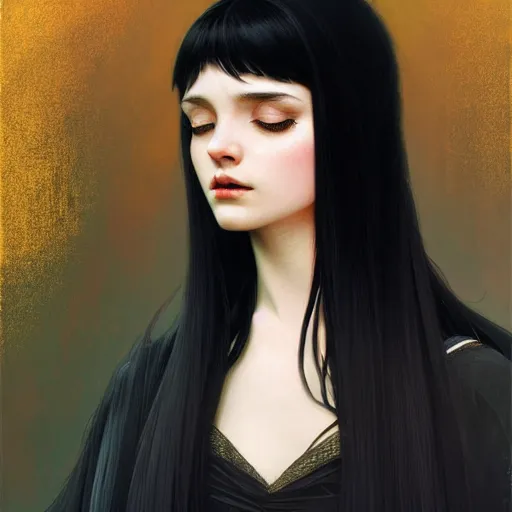 Image similar to a beautiful girl with long black hair and bangs, wearing a black cloak, fantasy, portrait, sharp focus, intricate, elegant, digital painting, artstation, matte, highly detailed, concept art, illustration, ambient lighting, art by ilya kuvshinov, artgerm, Alphonse mucha, and Greg Rutkowski