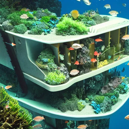 Prompt: underwater habitat 67 with lush vegetation, coral and marine creatures surrounding it