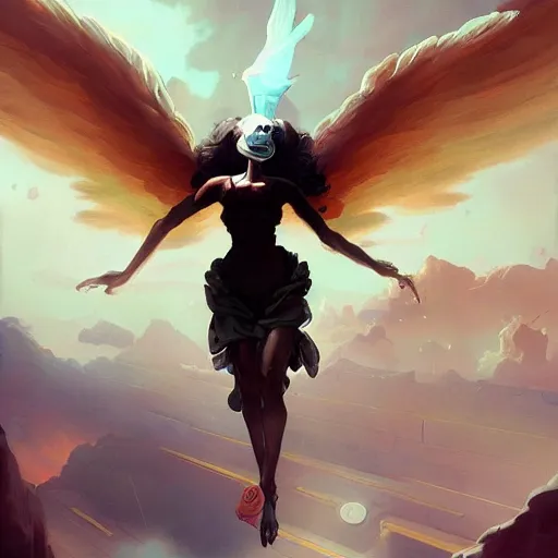 Image similar to made bypeter mohrbacher, a black female angel hovering in the sky, dystopian background, ultra realistic, 4 k, detailed, concept art, fantasy, deviantart, intricate, masterpiece, award winning,