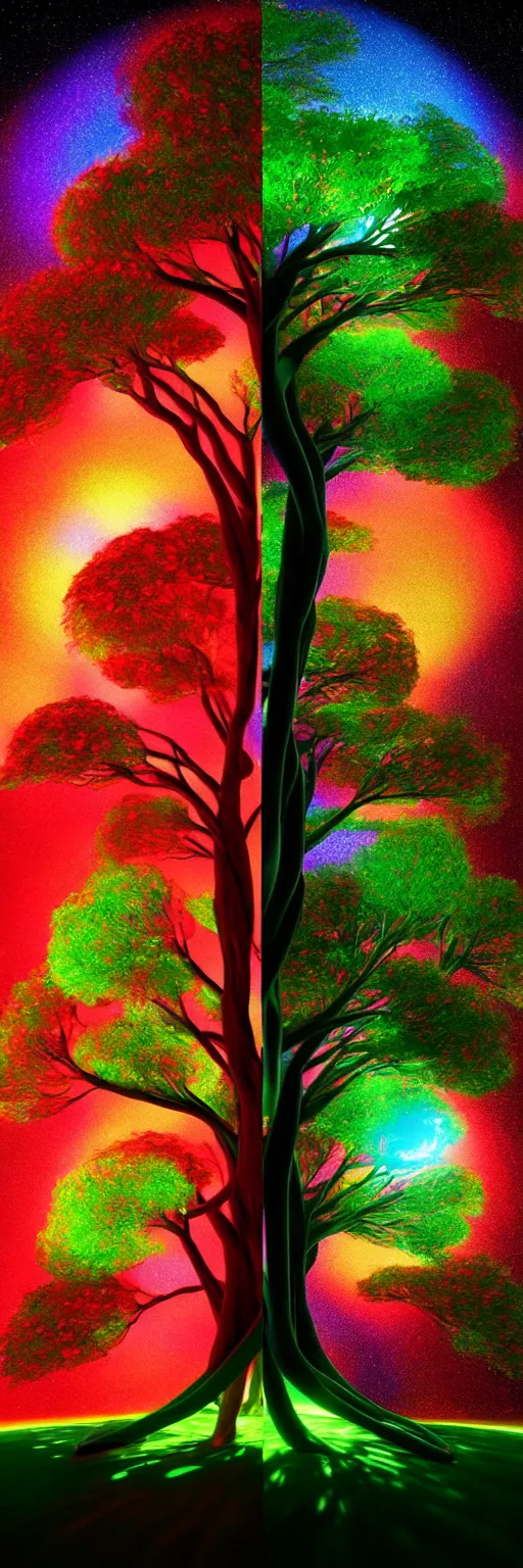 Prompt: the tree of life and the tree of knowledge twisting around each other : : growing through the universe, cosmic scale, vibrant color, octane render, unreal 3 d, raytracing, volumetric light