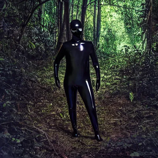 Prompt: national geographic photo, a man wearing a black shiny latex suit including pants and a shirt and mask crawling through dense jungle underbrush, night photo,