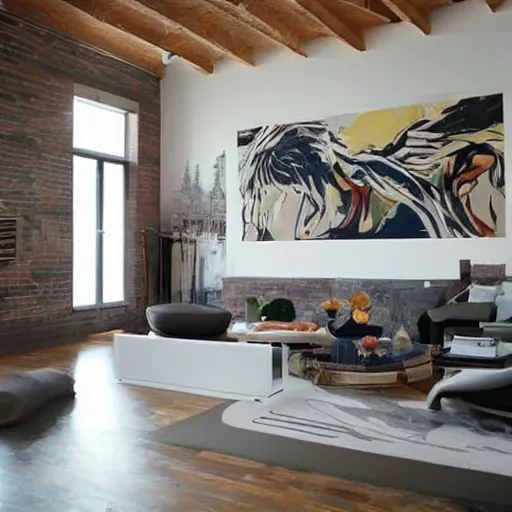 Prompt: mural on the wall of a contemporary loft, gorgeous architecture, popular interior design style