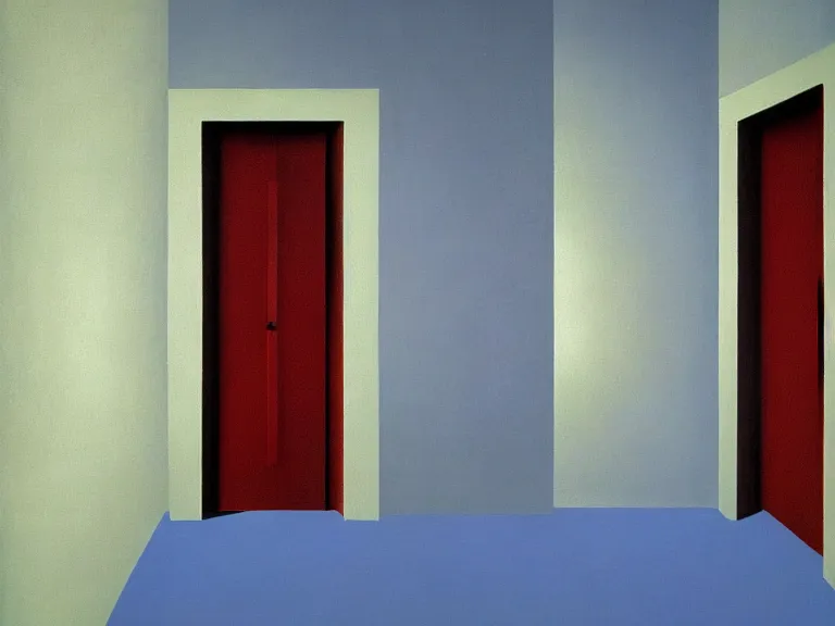 Image similar to an open door to infinity in brick wall with endless hallway inside the door, painting by rene magritte, centered, high detail!!!, high resolution!!!