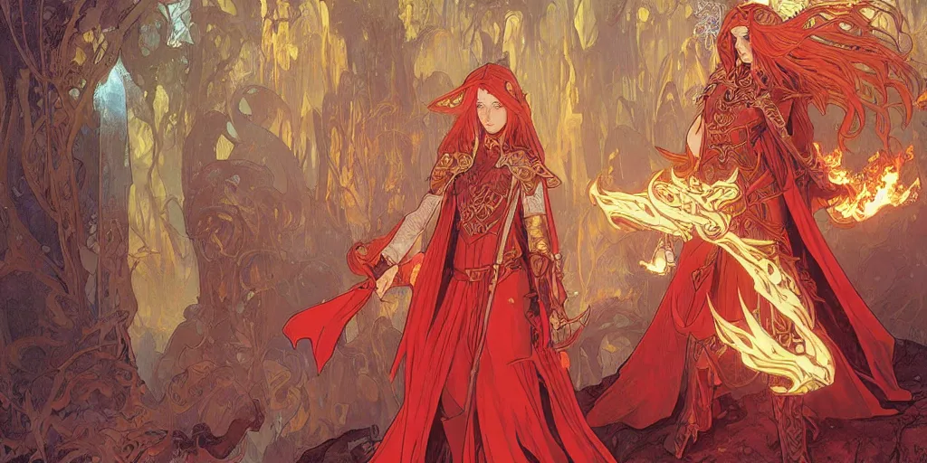 Image similar to a female elven cleric with red long hair in a very good beautiful scale armor, wearing a cape, casting a fire spell in a shape of a dragon, dungeon background, magical, bright, colorful, fantastic lighting, amazing details, 4 k uhd, illustration by alphonse mucha and makoto shinkai and ilya kuvshinov, artstation, pixiv,