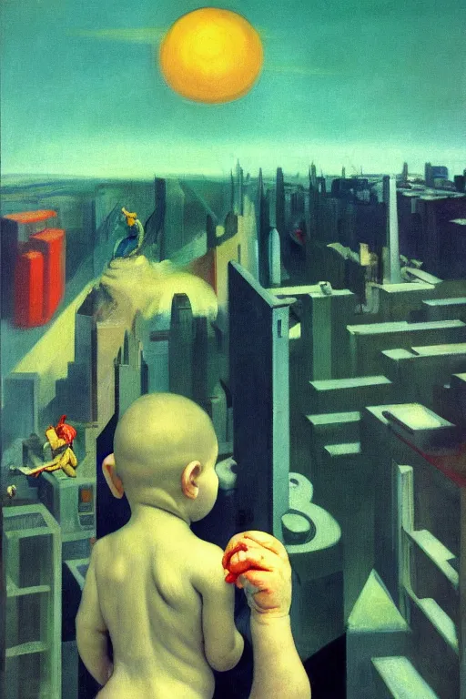 Prompt: evil human giant baby in huggies, grows up to the sky, against the backdrop of destroyed high - rise building, hauntingly surreal, highly detailed painting by francis bacon, edward hopper, adrian ghenie, gerhard richter, and james jean soft light 4 k,