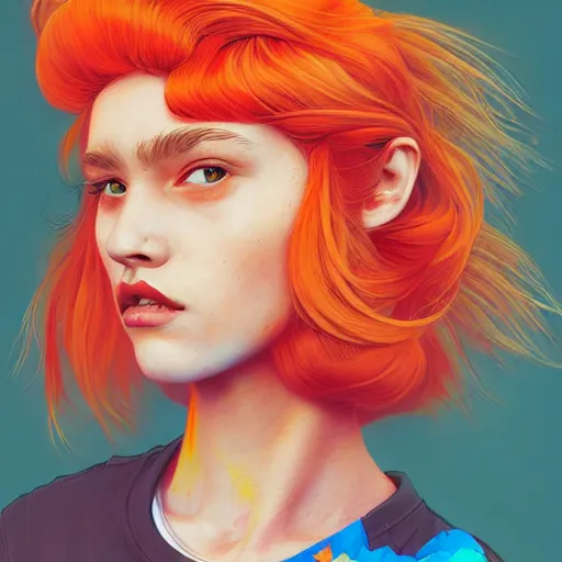 Image similar to portrait painting of a teenage girl with swept back wild orange hair, fashionable, windy, face paint, sharp focus, award - winning, trending on artstation, masterpiece, highly detailed, intricate. art by josan gonzales and moebius and deathburger