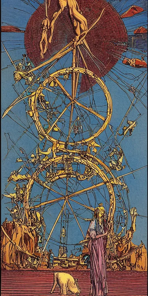 Image similar to the tarot card of the wheel of fortune painted by moebius.