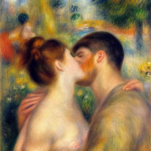 Image similar to art by renoir, man kissing man, people wearing clothes