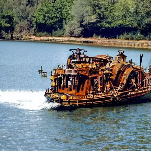 Prompt: a steampunk boat chugging down a river