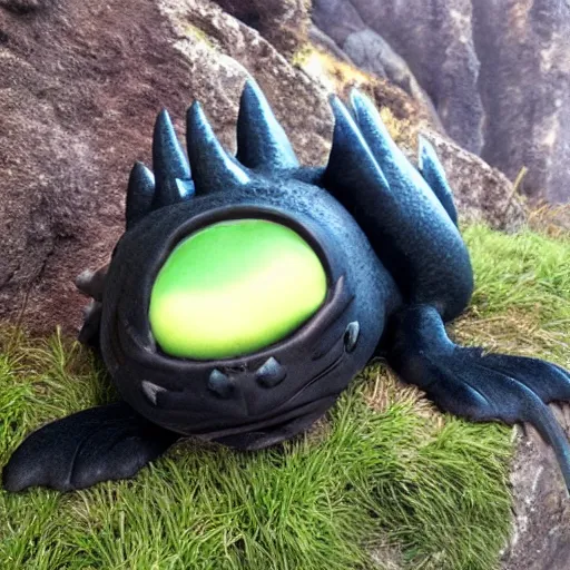 Prompt: HTTYD Toothless sleeping on a cliffside