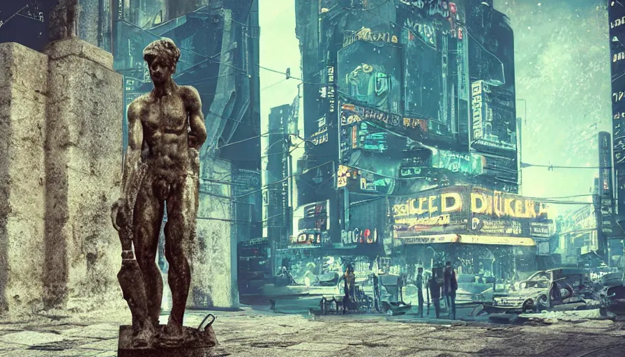 Prompt: a small weathered ancient greek sculpture standing in a square, surrounding by of cyberpunk city, neon sign, bladerunner, digital illustration, artstation, bottom view