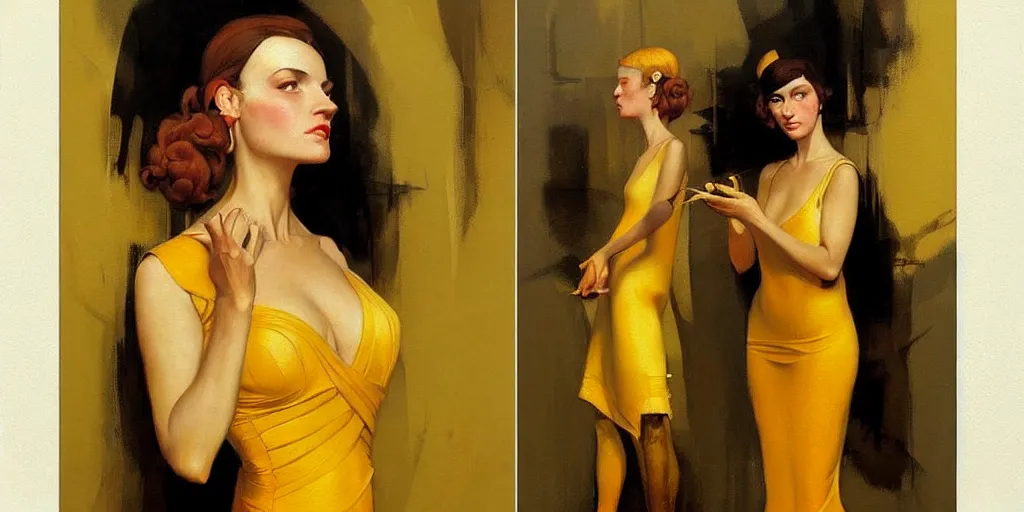 Image similar to a painting of a woman in a golden dress, an art deco painting by Craig Davison, featured on cgsociety, fantasy art, pre-raphaelite, rococo, reimagined by industrial light and magic