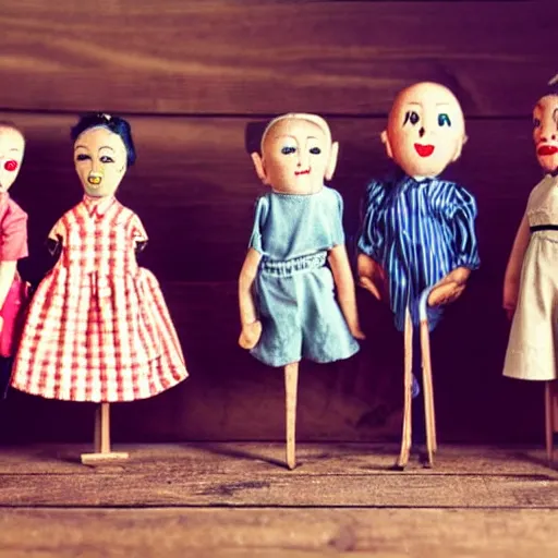Image similar to 1 9 5 0 s children wooden puppet dolls comming to life, scary, fear, horror, thriller, cinematic still, jumping towards viewer, jump scare, pov, wide shot, polaroid,