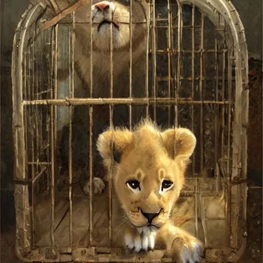 Prompt: inside of a medieval fantasy pet store, adorable lion cub in a cage, oil painting, by greg rutkowski