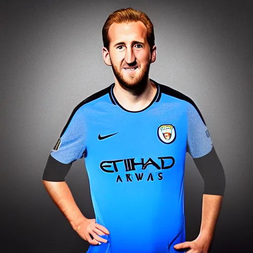 Image similar to a photograph of Harry Kane wearing a Manchester City jersey, black background, studio lighting