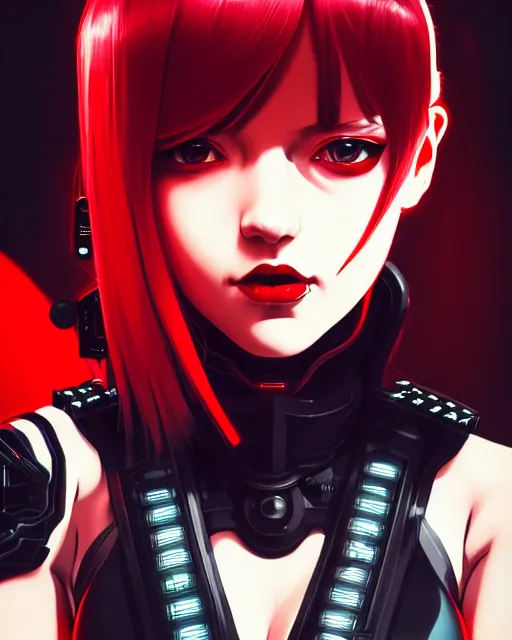 Image similar to a detailed potrait of a cyberpunk cyborg girl with black and red parts, perfect face, realistic shaded perfect face, detailed. night setting. very anime style. realistic shaded lighting poster by ilya kuvshinov katsuhiro, unreal engine, global illumination, radiant light, detailed and intricate environment, full length and white stockings