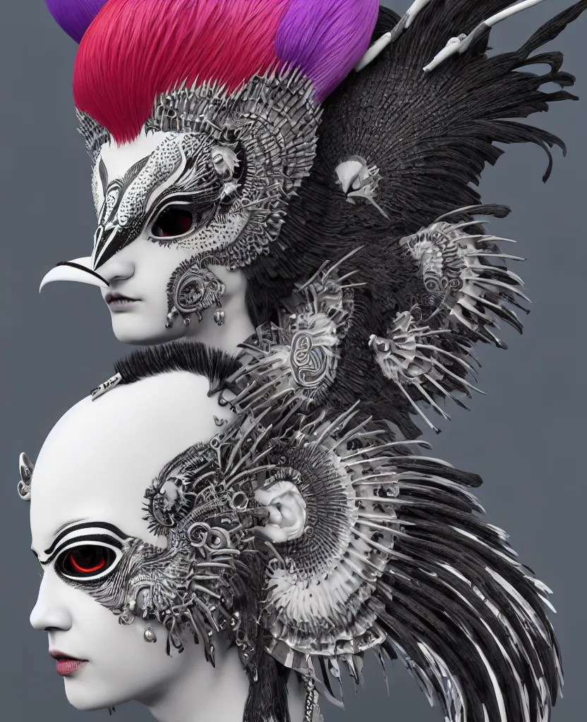 Image similar to 3 d goddess close - up profile portrait punk with mohawk with ram skull. beautiful intricately detailed japanese crow kitsune mask and clasical japanese kimono. betta fish, jellyfish phoenix, bio luminescent, plasma, ice, water, wind, creature, artwork by tooth wu and wlop and beeple and greg rutkowski