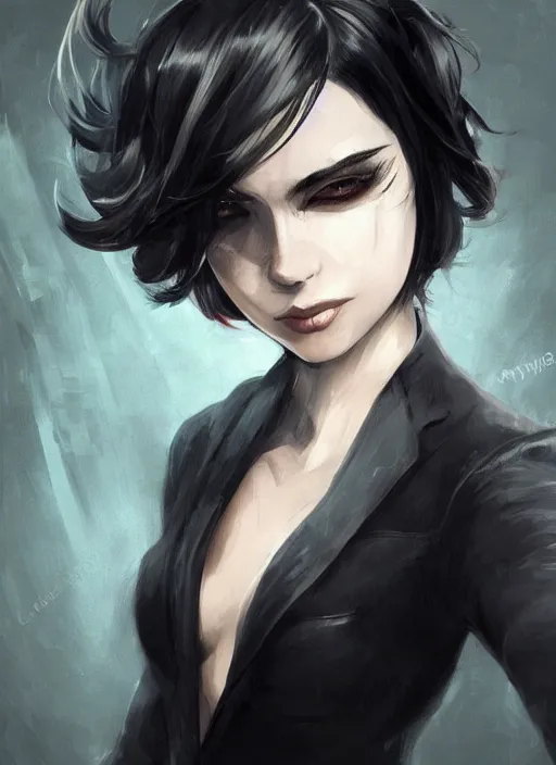 Prompt: a highly detailed illustration of beautiful short black messy haired woman wearing eyepatch!!!!!!!!!!!! and noir style suit and tie, dramatic smiling pose, intricate, elegant, highly detailed, centered, digital painting, artstation, concept art, smooth, sharp focus, league of legends concept art, WLOP