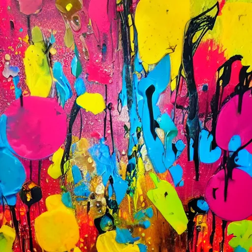 Image similar to abstract expressionist painting, paint drips, acrylic, wildstyle, clear shapes, maximalism, smeared flowers