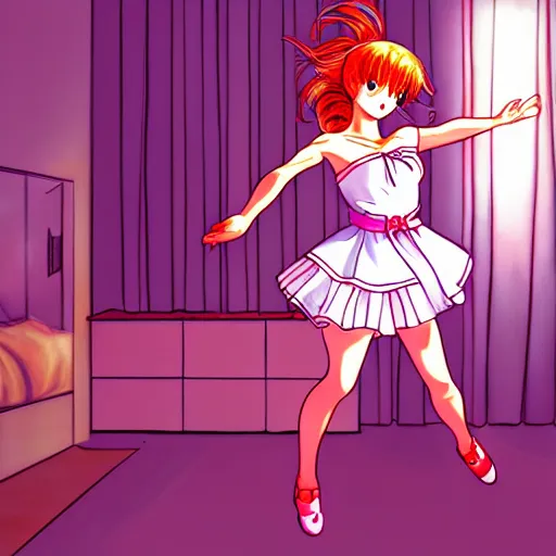 Image similar to cute girl wearing a white girl dancing joyfully in her bedroom at night, cyberpunk lighting, illustrated by naoko takeuchi