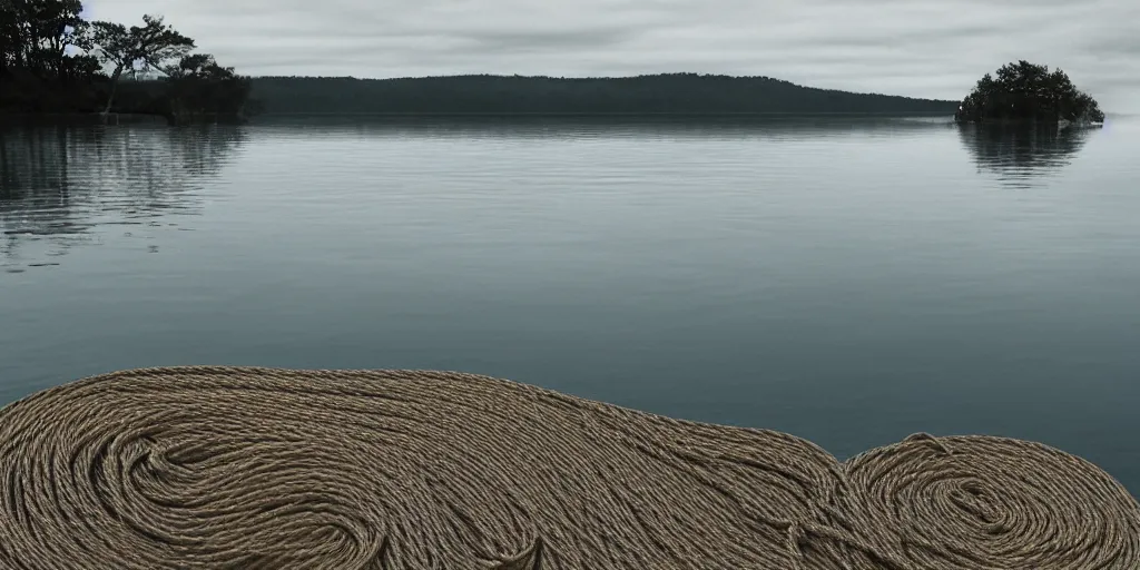 Prompt: centered photograph of an infinitely long thick single line of rope zig zagging snaking across the surface of the water into the distance, submerged underwater rope stretching out towards the center of the lake, a dark lake on a cloudy day, pebble sandy shore in foreground, color film, trees in the background, hyper - detailed photo, anamorphic lens