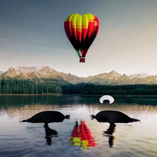 Image similar to photo of two black swans swimming in a beautiful reflective mountain lake, touching heads, forming a heart with their necks, a colorful hot air balloon is flying above the swans, hot air balloon, intricate, portrait, 8k highly professionally detailed, HDR, CGsociety, octane render, 4k