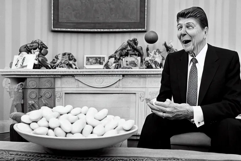 Image similar to 1 9 8 5 black and white photograph of ronald reagan dumping a huge bowl of jelly beans into his gaping maw, in the oval office