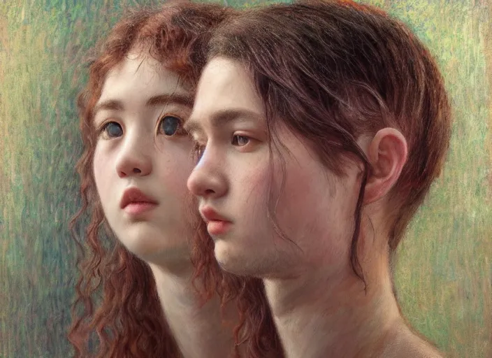 Image similar to people in movie theatre portrait face, in the style of jeremy enecio, intricate, miles johnston, monet, cynical realism, john william godward, painterly, yoshitaka amano, miles johnston, louise zhang, pekka halonen, finnish naturalism, realism