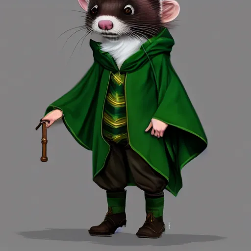 Image similar to a anthropomorphic ferret is dressed as a hogwarts student in slytherin robes, hyperdetailed, artstation, cgsociety, 8 k