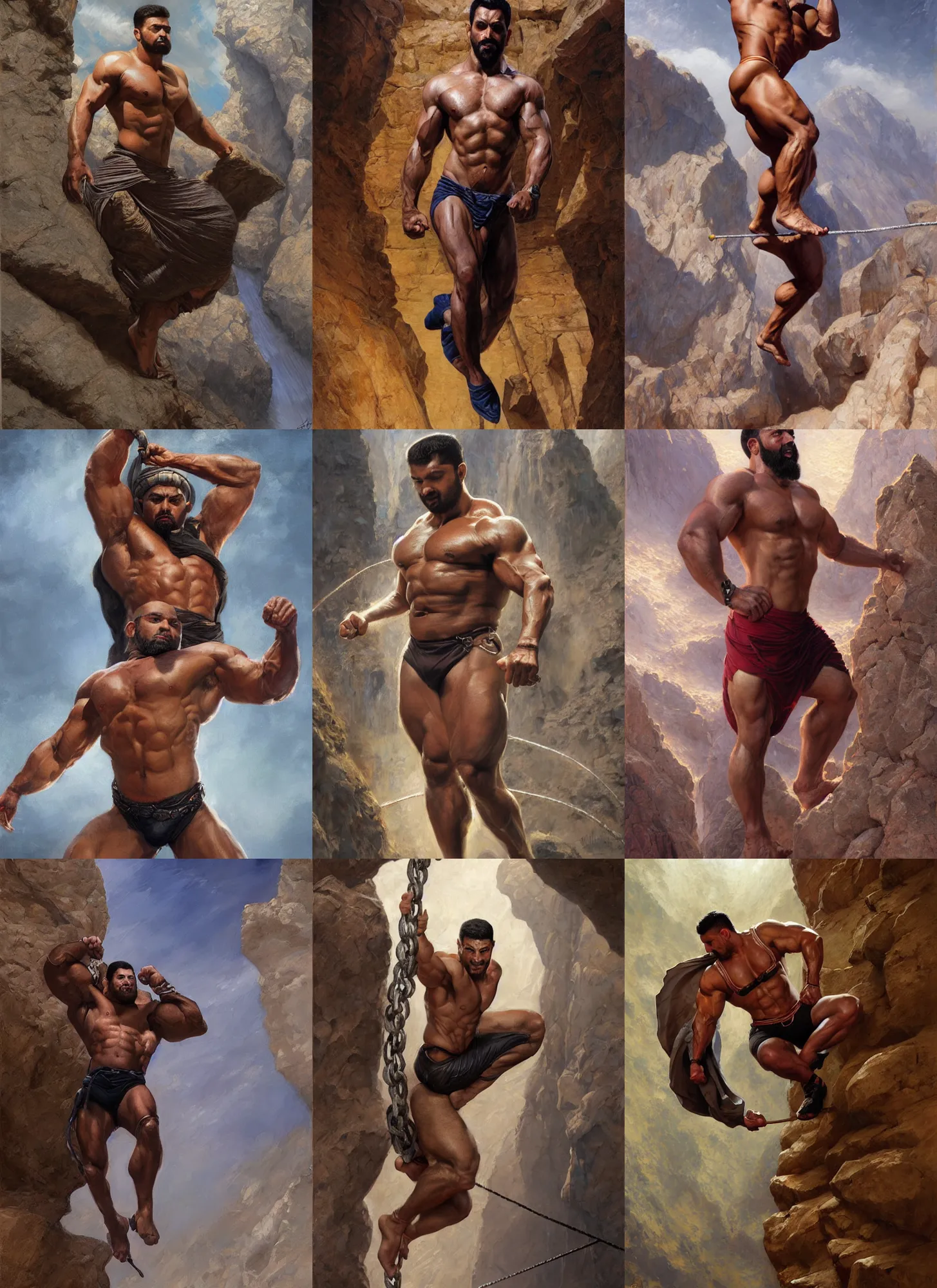 Prompt: portrait of very muscled muslim man balance walking a tight rope over deep chasm, elegant, highly detailed, centered, digital painting, artstation, artgerm, donato giancola, Joseph Christian Leyendecker, WLOP, Boris Vallejo, Artgerm