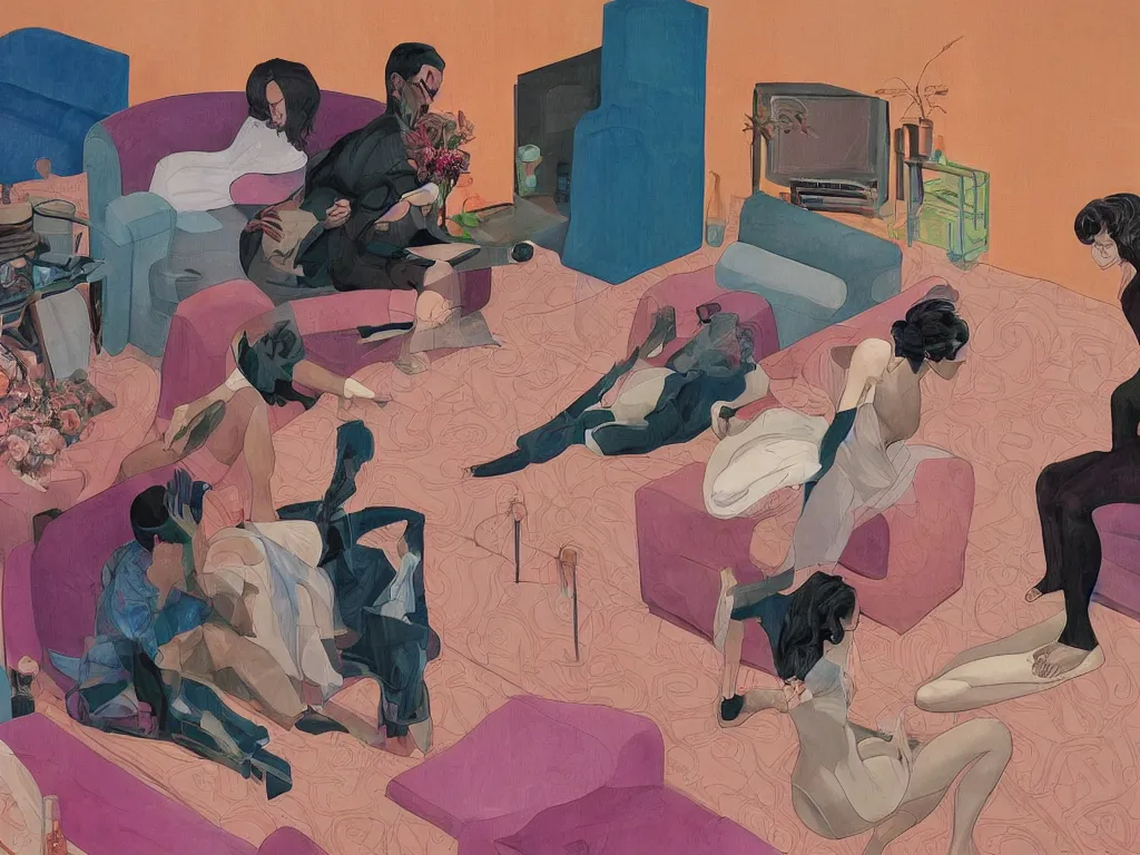 Prompt: Man and woman start to bounce in a living room of a house, floating dark energy surrounds the middle of the room. There is one living room plant to the side of the room, and another woman with siren body sitting on the sofa, expressionist painting by martine johanna and moebius