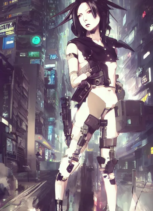 Image similar to hyper - realistic cyberpunk anime woman, standing on tokyo street, extreme detail, concept art, in style of yoji shinkawa, pan ren wei, col price, atey ghailan, by greg rutkowski, by greg tocchini, by james gilleard, by joe fenton, by kaethe butcher, aesthetic