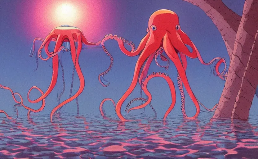 Prompt: a realistic cell - shaded studio ghibli concept art from paprika ( 2 0 0 6 ) of a flying multi - colored octopus from close encounters of the third kind ( 1 9 7 7 ) and dimensional portal to another world above a flooded temple complex on a misty starry night. very dull colors, wide shot, hd, 4 k, hq