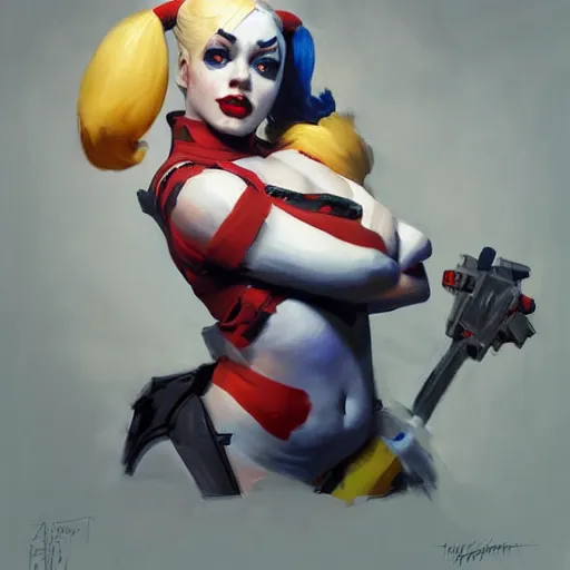 Prompt: greg manchess portrait painting of harley quinn as overwatch character, medium shot, asymmetrical, profile picture, organic painting, sunny day, matte painting, bold shapes, hard edges, street art, trending on artstation, by huang guangjian and gil elvgren and sachin teng