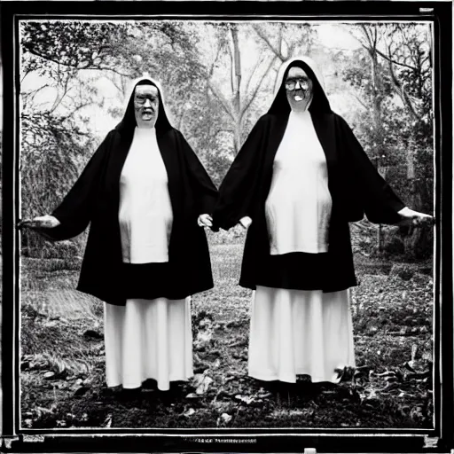 Image similar to award winning photo Floating twin nuns wearing translucent habits Very long arms, smiling, in a sanctuary, eerie, frightening, glowing eyes —width 1024 —height 1024